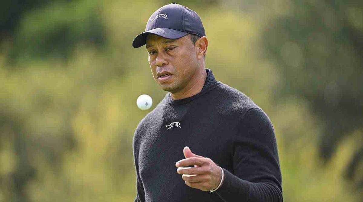 Tiger Woods catches his Bridgestone ball during practice for the 2024 Genesis Invitational at Riviera Country Club in Pacific Palisades, Calif.
