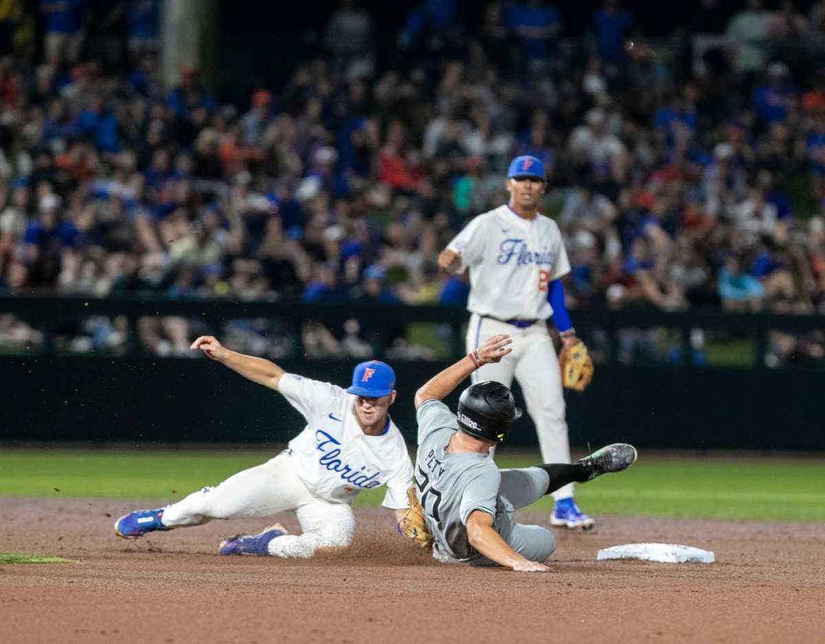 Ethan Petry sliding into second base in Game 1 of the Gainesville Super Regional versus the Florida Gators (12th June, 2023)