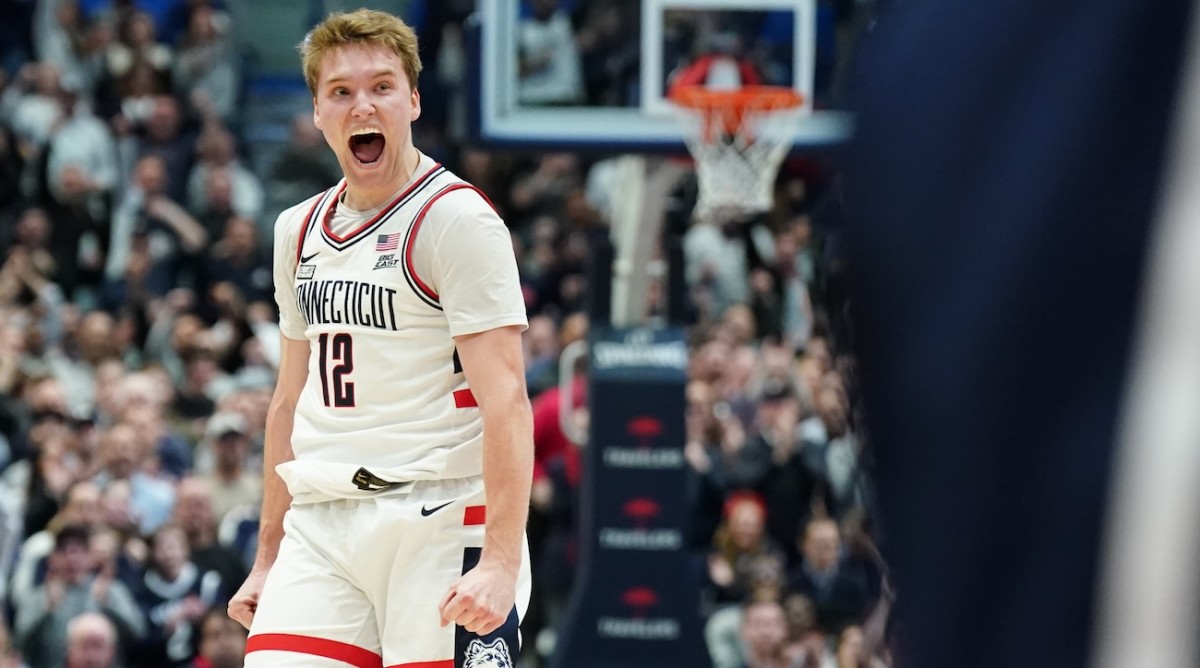 UConn Huskies guard Cam Spencer reacts after a play against the Butler Bulldogs in the first half at XL Center in Hartford, Conn., on Feb. 6, 2024.