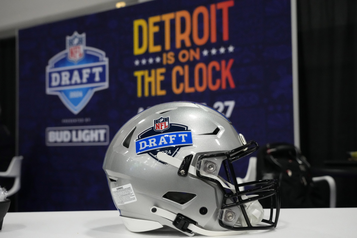Feb 5, 2024; Las Vegas, NV, USA; A helmet with the 2024 NFL Draft in Detroit logo at the Super Bowl 58 media center at the Mandalay Bay resort and casino. Mandatory Credit: Kirby Lee-USA TODAY Sports
