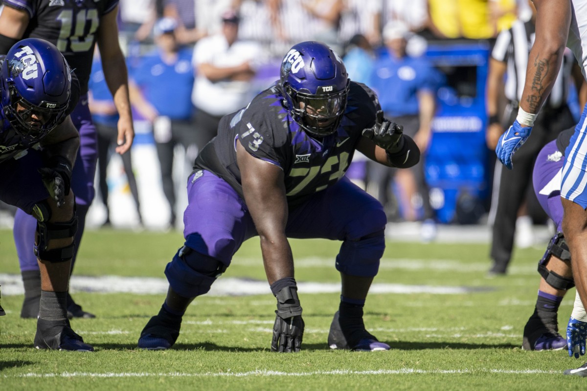 Oct 14, 2023; Fort Worth, Texas, USA; TCU Horned Frogs offensive lineman Willis Patrick (73) in action during the game between the TCU Horned Frogs and the Brigham Young Cougars at Amon G. Carter Stadium. Mandatory Credit: Jerome Miron-USA TODAY Sports  