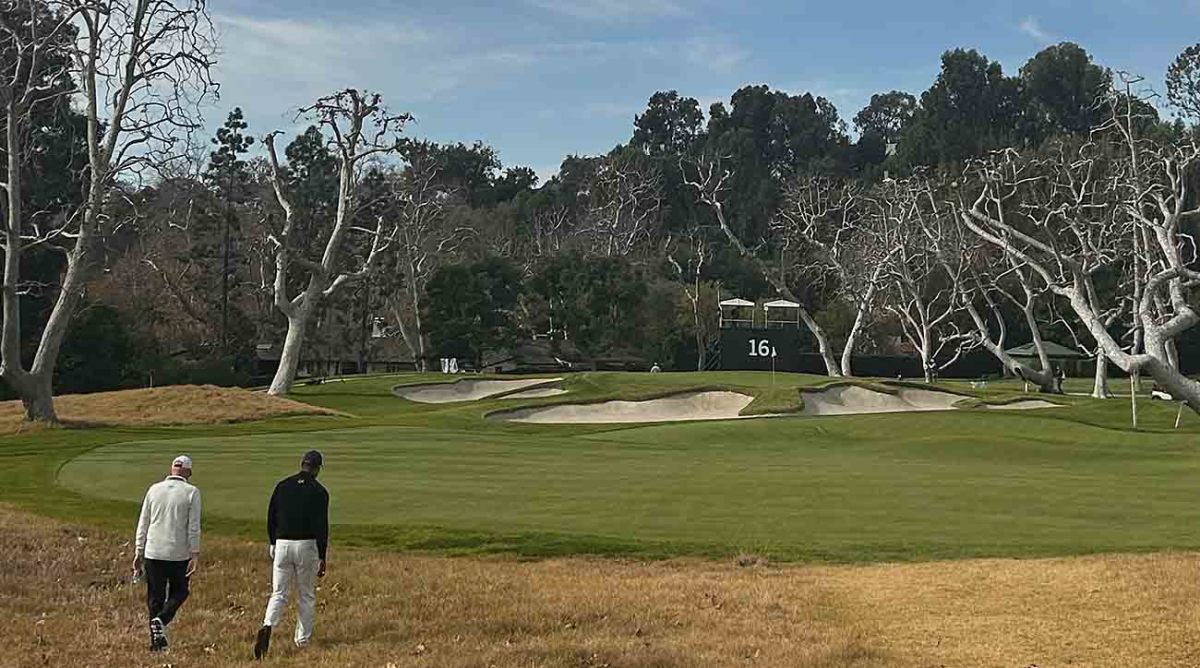 Tiger Woods walks during a practice round for the 2024 Genesis Invitational at Riviera Country Club.