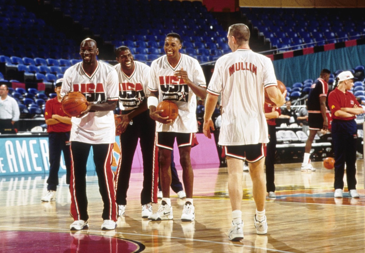 USA dream team guard Michael Jordan - Michael Jordan - Scottie Pippen and Chris Mullin prior to the game against Puerto Rico during the 1992 Tournament of the Americas at Memorial Coliseum.