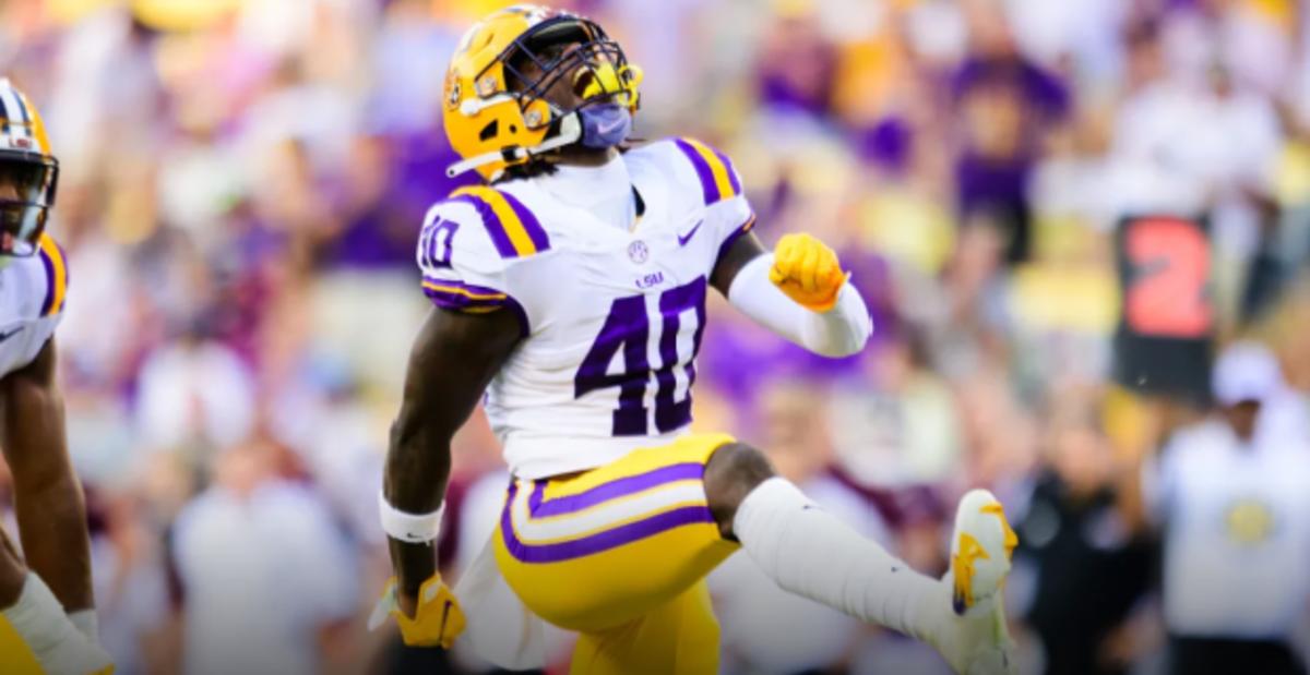 LSU Tigers linebacker Harold Perkins celebrates a tackle during a college football game in the SEC.