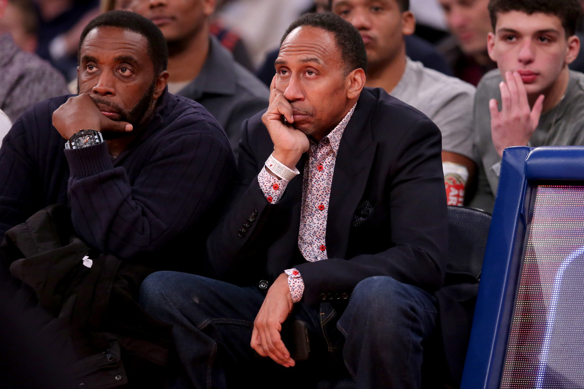 Stephen A. Smith sits courtside for a New York Knicks game in 2023.