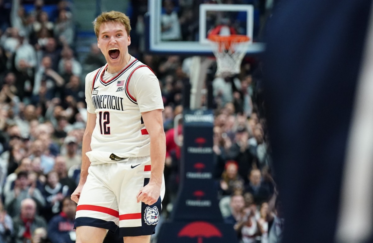 UConn Huskies guard Cam Spencer reacts after a play against the Butler Bulldogs.