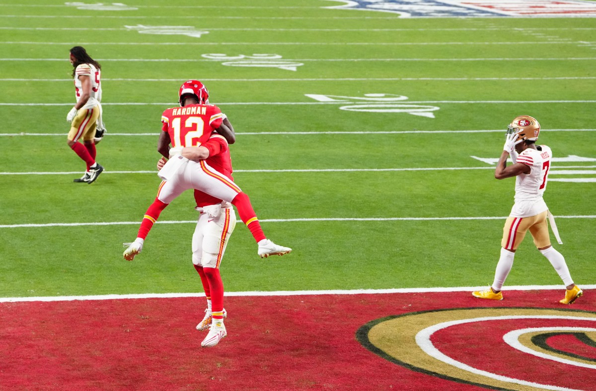 Feb 11, 2024; Paradise, Nevada, USA; Kansas City Chiefs wide receiver Mecole Hardman Jr. (12) celebrates after scoring the winning touchdown against the San Francisco 49ers during overtime in Super Bowl LVIII at Allegiant Stadium.