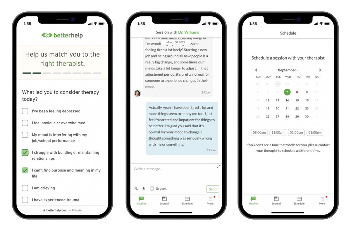 three phone screens side-by-side with Betterhelp examples. From left to right: questionnaire for therapist matching, example of conversation with a therapist and scheduling a session with a therapist
