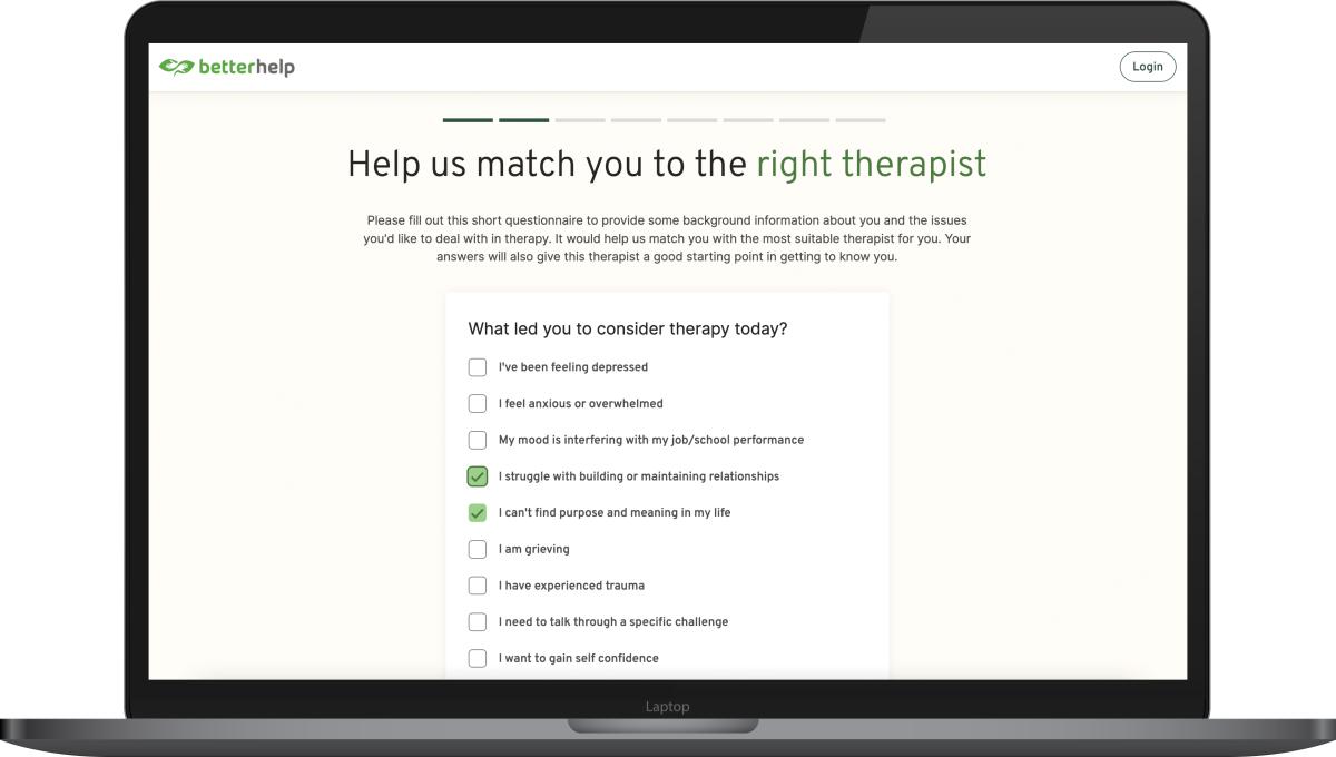 Laptop screen showing questions that help match you with a BetterHelp therapist