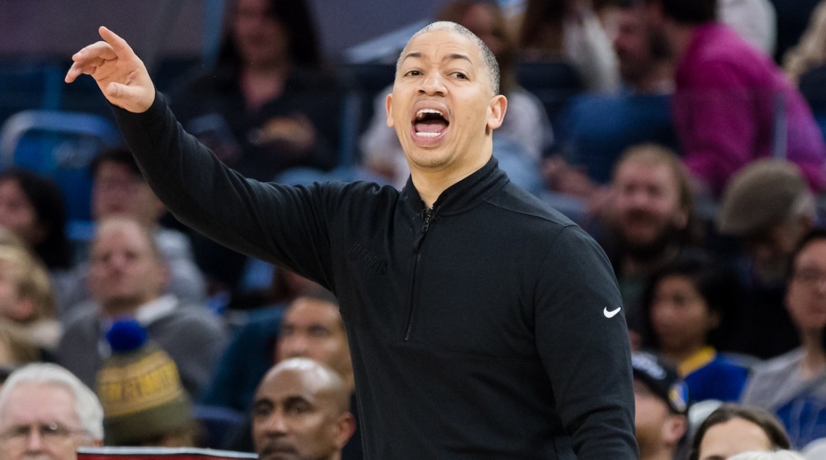 Los Angeles Clippers coach Tyronn Lue gestures during the first half of the game against the Golden State Warriors at Chase Center in San Francisco on Feb. 14, 2024.