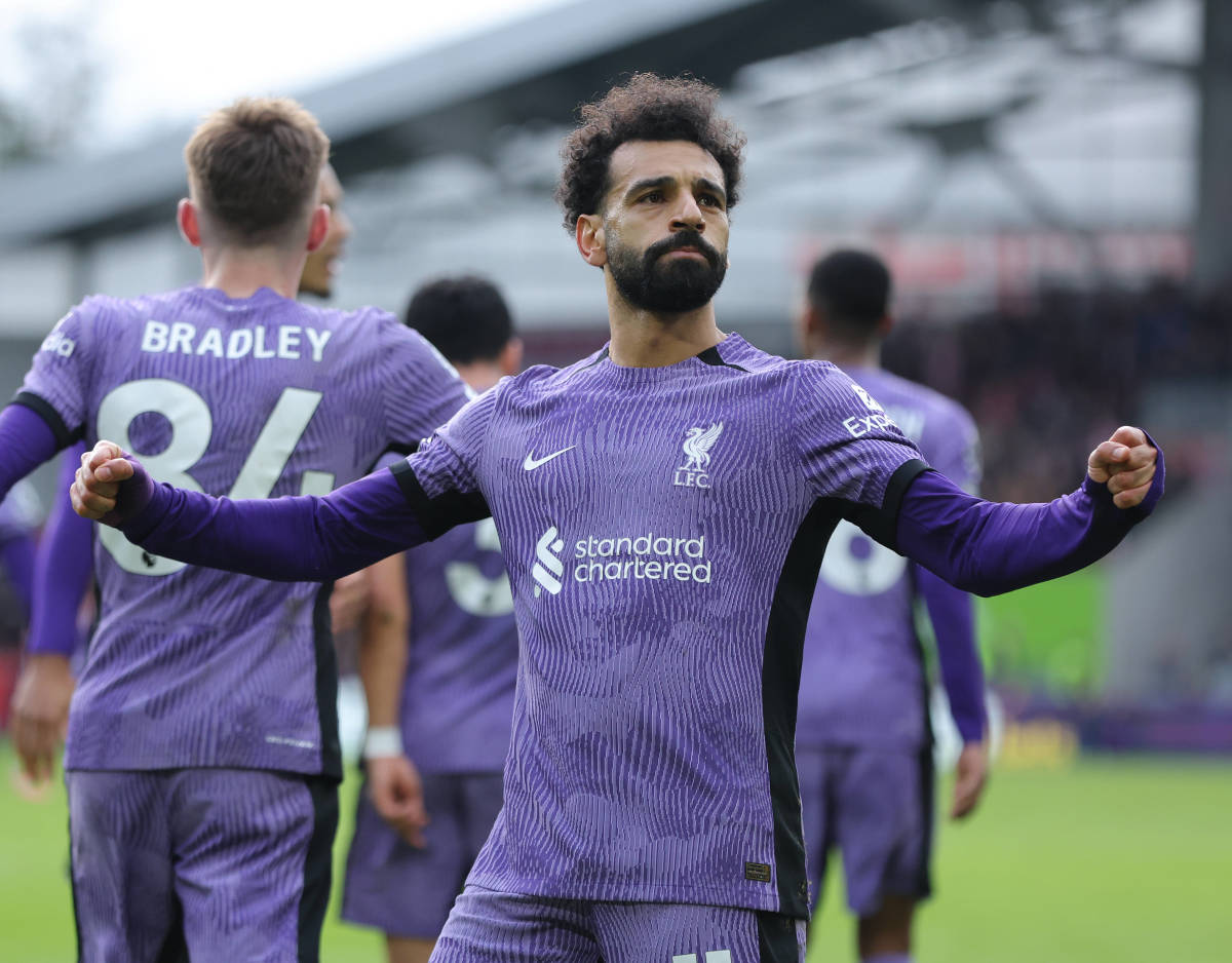 Mo Salah pictured celebrating after scoring a goal in Liverpool's 4-1 win at Brentford in February 2024