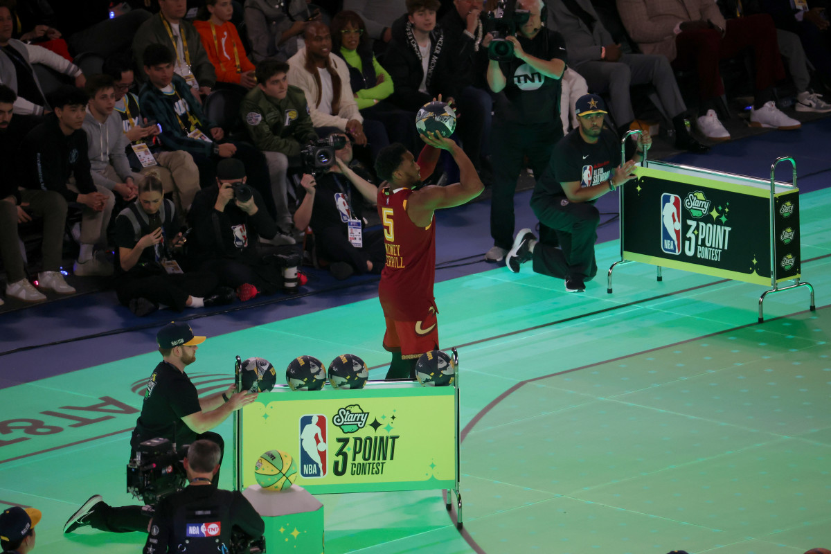 Feb 17, 2024; Indianapolis, IN, USA; Cleveland Cavaliers guard Donovan Mitchell (45) competes in the Starry 3-Point Contest during NBA All Star Saturday Night at Lucas Oil Stadium.