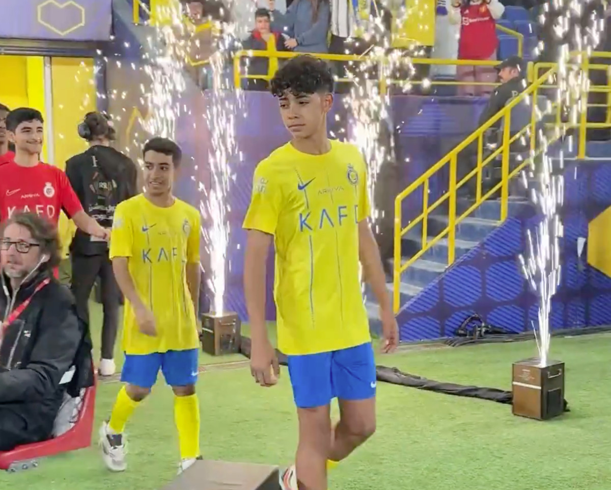 Cristiano Jr pictured leading out Al Nassr's U13 team at Al-Awwal Park in February 2024