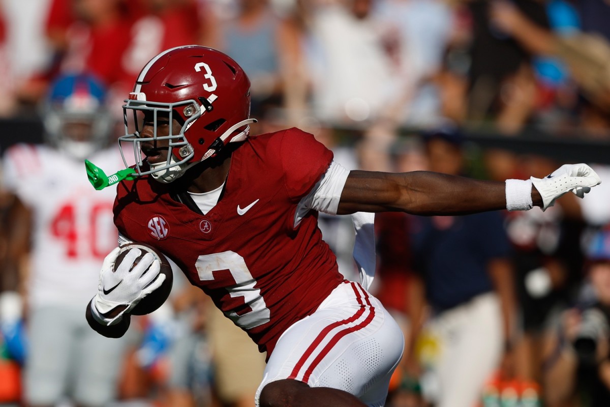 Sep 23, 2023; Tuscaloosa, Alabama, USA; Alabama Crimson Tide defensive back Terrion Arnold (3) carries the ball after an interception against the Mississippi Rebels during the second half of a football game at Bryant-Denny Stadium. Mandatory Credit: Butch Dill-USA TODAY Sports  