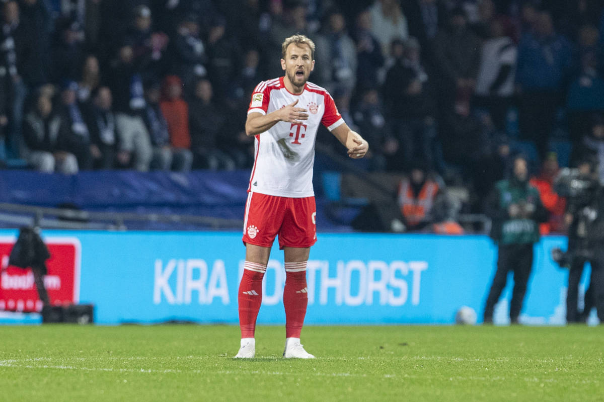 Bayern Munich striker Harry Kane pictured looking annoyed during his team's 3-2 defeat at Bochum in February 2024