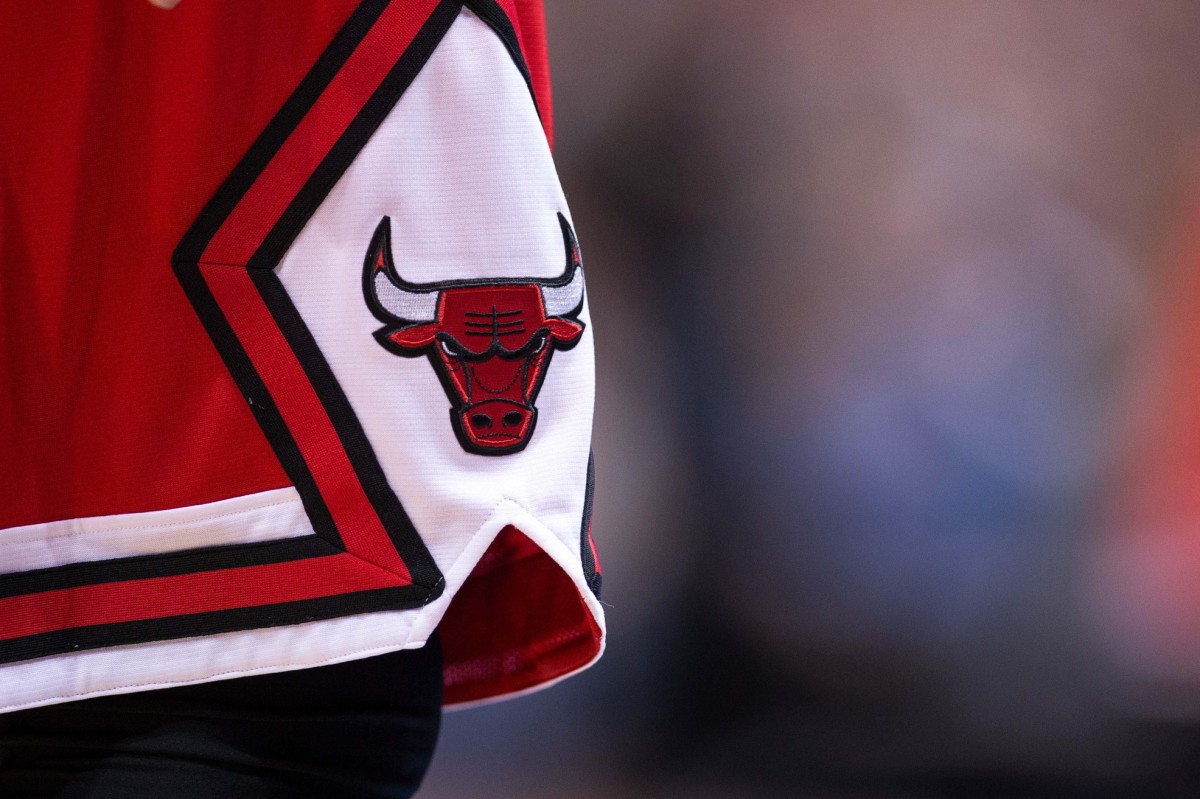 A view of the Chicago Bulls logo during the game between the Dallas Mavericks and the Bulls at the American Airlines Center. The Bulls defeated the Mavericks 100-91.