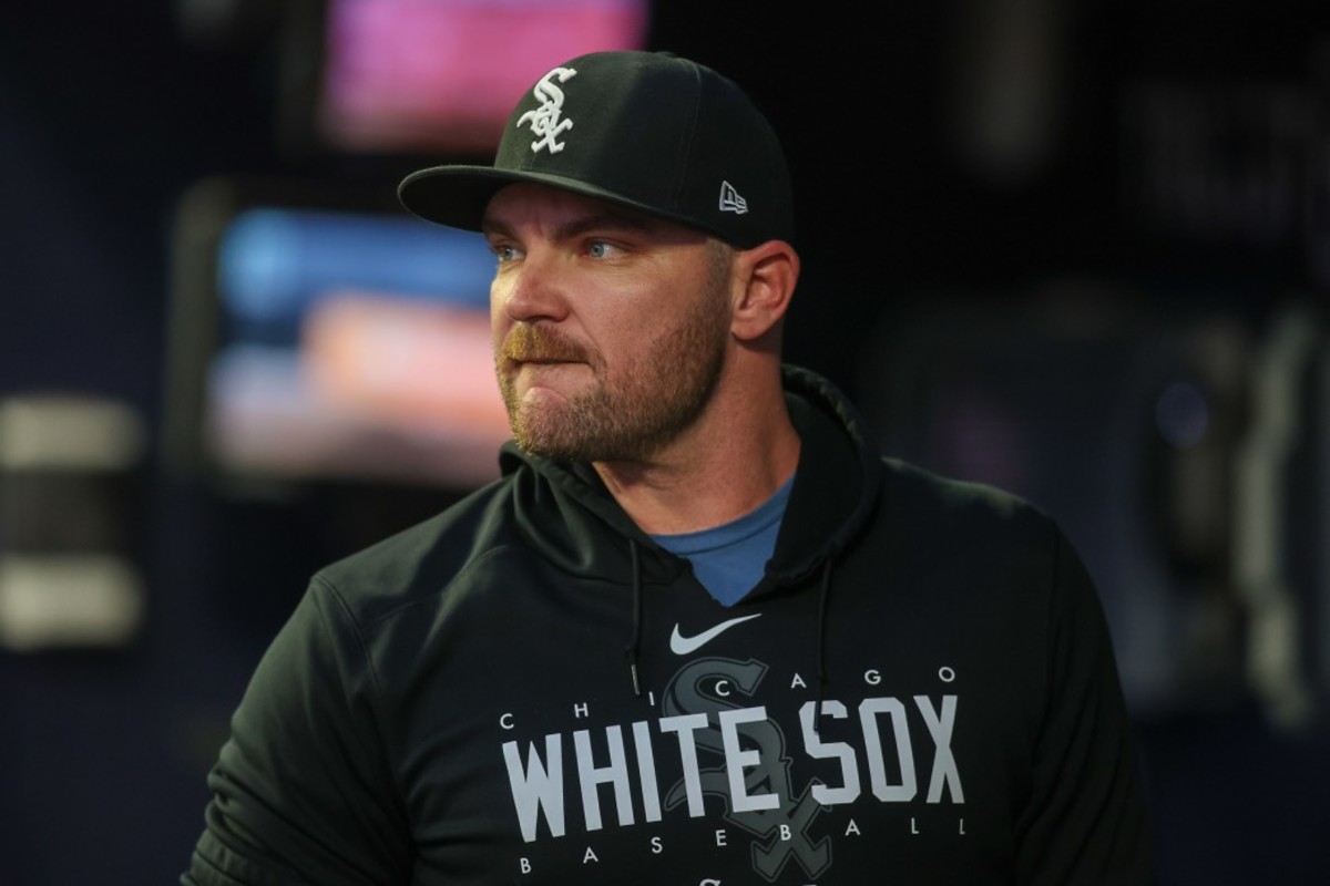 Jul 14, 2023; Atlanta, Georgia, USA; Chicago White Sox relief pitcher Liam Hendriks (31) in the dugout against the Atlanta Braves in the fifth inning at Truist Park.