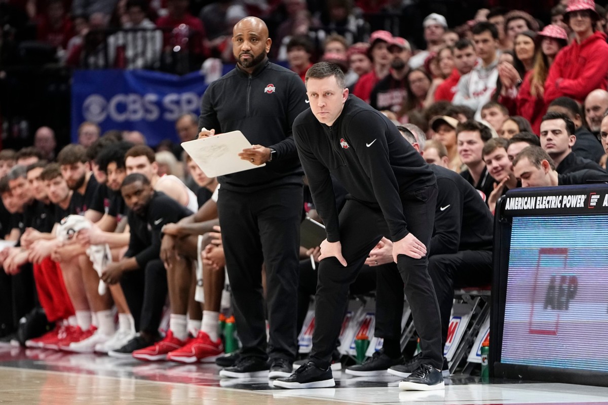 Ohio State Buckeyes interim head coach Jake Diebler and assistant Jack Owens watch from the bench during the NCAA men's basketball game against the Purdue Boilermakers at Value City Arena in Columbus, Ohio, on Feb. 18, 2024.