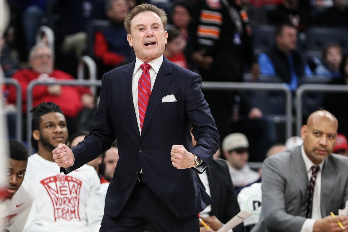 St. John's Red Storm head coach Rick Pitino yells out instructions in the first half against the Seton Hall Pirates at UBS Arena in Elmont, New York, on Feb. 18, 2024.