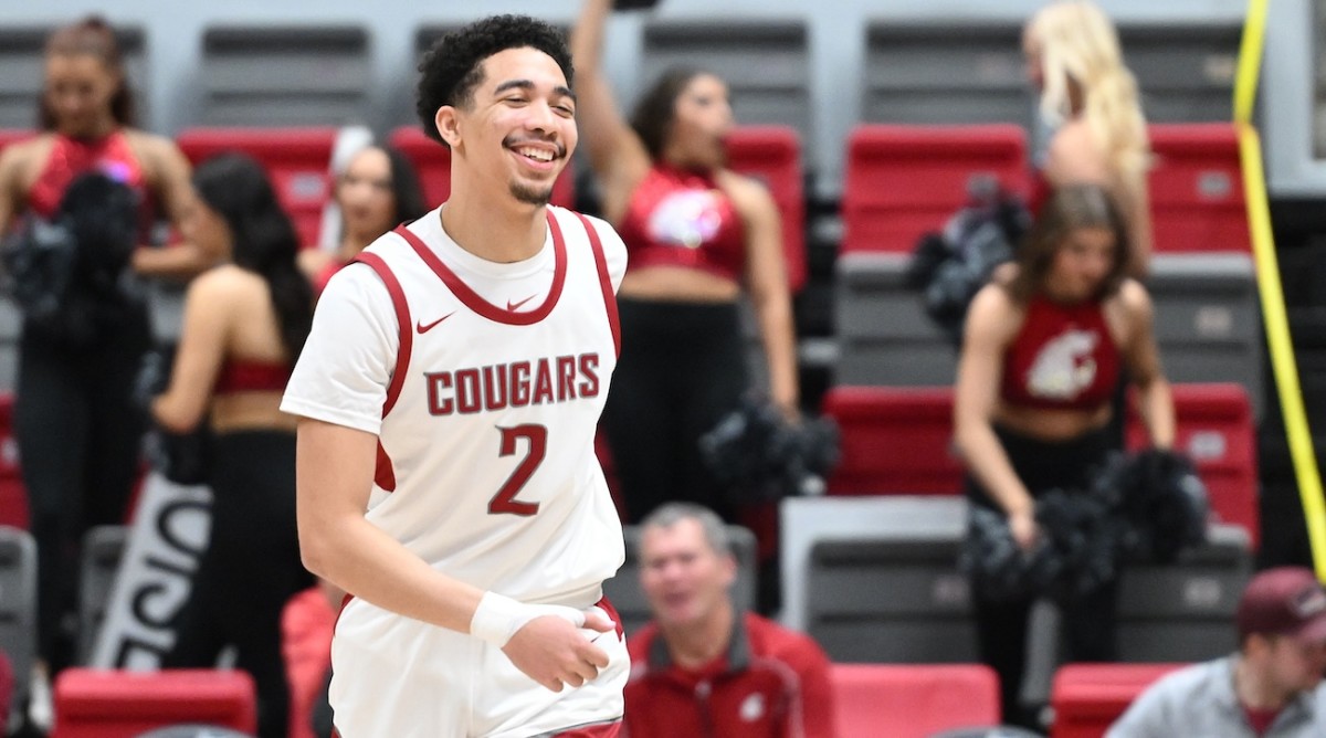 Washington State Cougars guard Myles Rice (2) cracks a smile after a score against the California Golden Bears in the second half at Friel Court at Beasley Coliseum in Pullman, Washington, on Feb. 15, 2024. Washington State Cougars won 84-65.