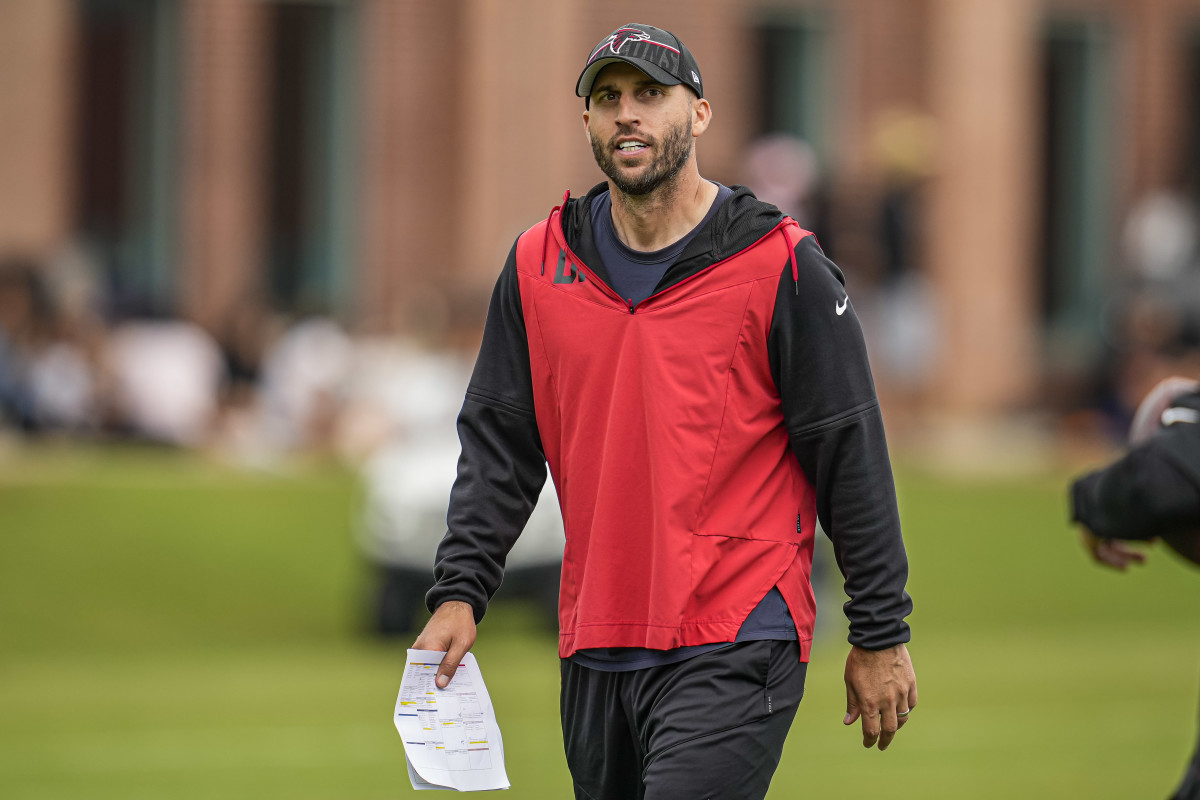 Jun 14, 2023; Flowery Branch, GA, USA; Atlanta Falcons offensive coordinator Dave Ragone on the field during minicamp at IBM Performance Field.