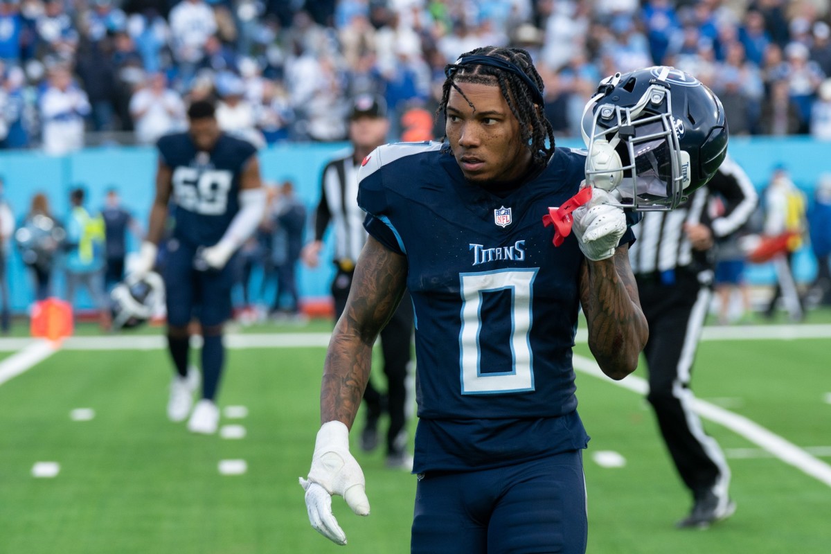 Tennessee Titans cornerback Sean Murphy-Bunting (0) exits the field after the Titans lost in overtime to the Indianapolis Colts at Nissan Stadium in Nashville, Tenn., Sunday, Dec. 3, 2023.