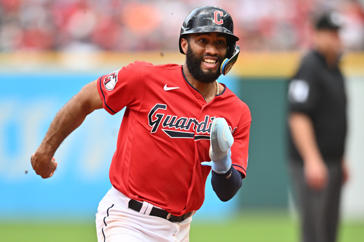 Jul 8, 2023; Cleveland, Ohio, USA; Cleveland Guardians shortstop Amed Rosario (1) advances to third during the sixth inning against the Kansas City Royals at Progressive Field.