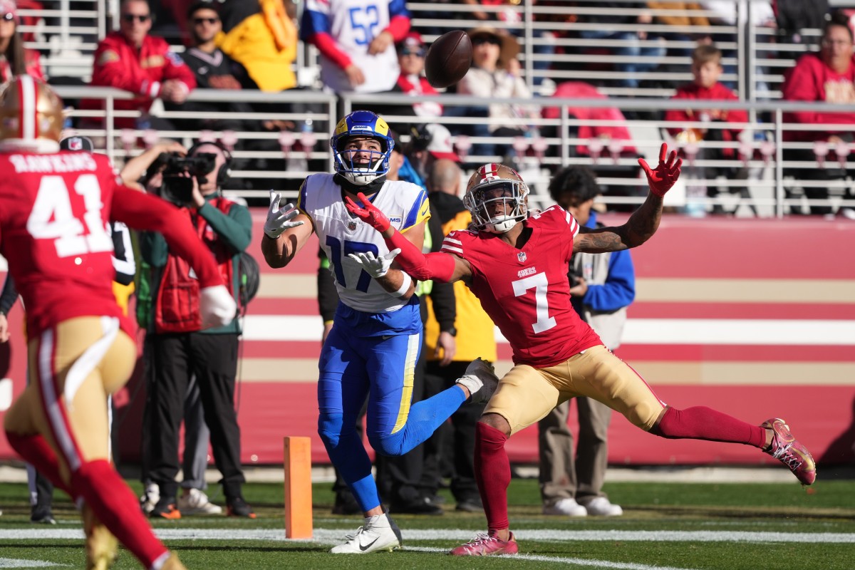 Jan 7, 2024; Santa Clara, California, USA; Los Angeles Rams wide receiver Puka Nacua (17) catches a touchdown pass against San Francisco 49ers cornerback Charvarius Ward (7) during the first quarter at Levi's Stadium.