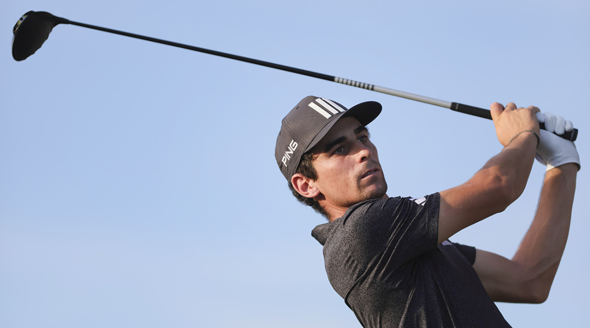 Joaquin Niemann plays his shot from the 17th tee during the final round of the LIV Golf Miami golf tournament at Trump National Doral. 