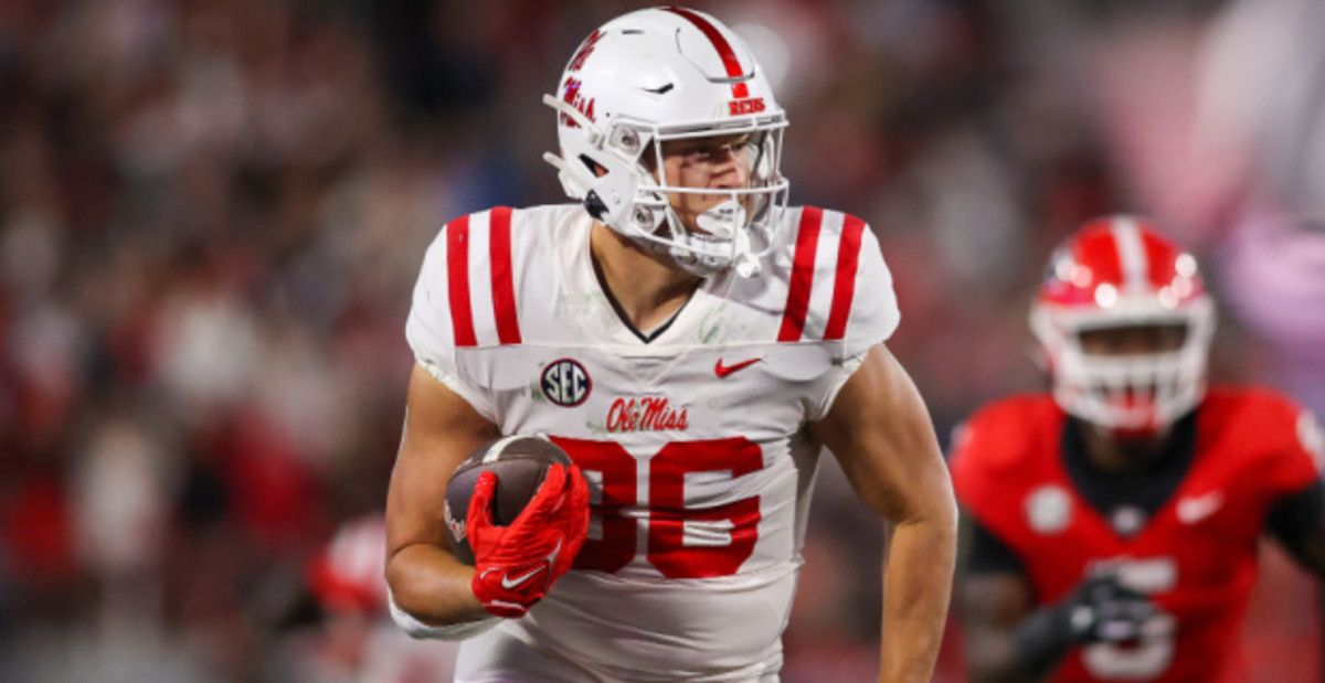 Ole Miss Rebels tight end Caden Prieskorn catches a pass during a college football game in the SEC.