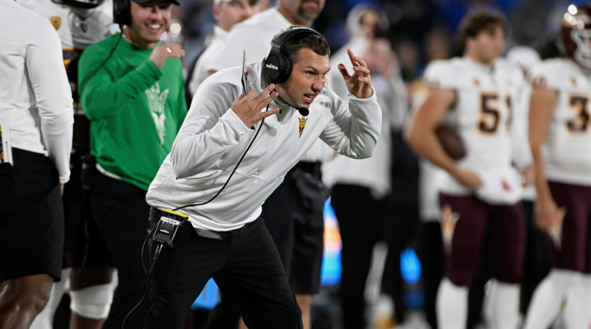 Arizona State coach Kenny Dillingham reacts to a play.