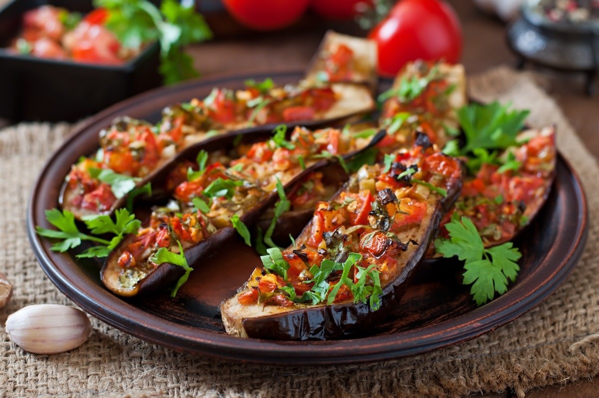 A vegetarian meal of baked eggplant with tomatoes, garlic and paprika