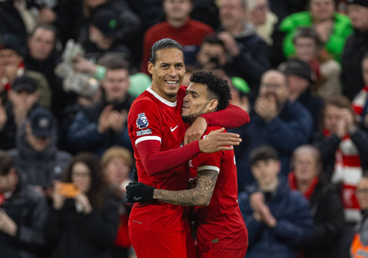 Goalscorers Virgil van Dijk (left) and Luis Diaz pictured celebrating during Liverpool's 4-1 win over Luton Town in February 2024