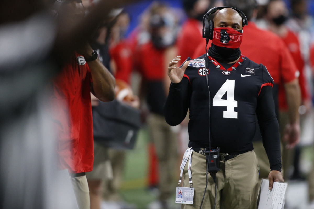 Jan 1, 2021; Atlanta, GA, USA; Georgia running backs coach Dell McGee on the sideline during the second half of the Peach Bowl NCAA college football game between Georgia and Cincinnati at Mercedes-Benz Stadium in Atlanta., on Friday, Jan. 1, 2021. Georgia won 24-21. Joshua L. Jones-USA TODAY NETWORK