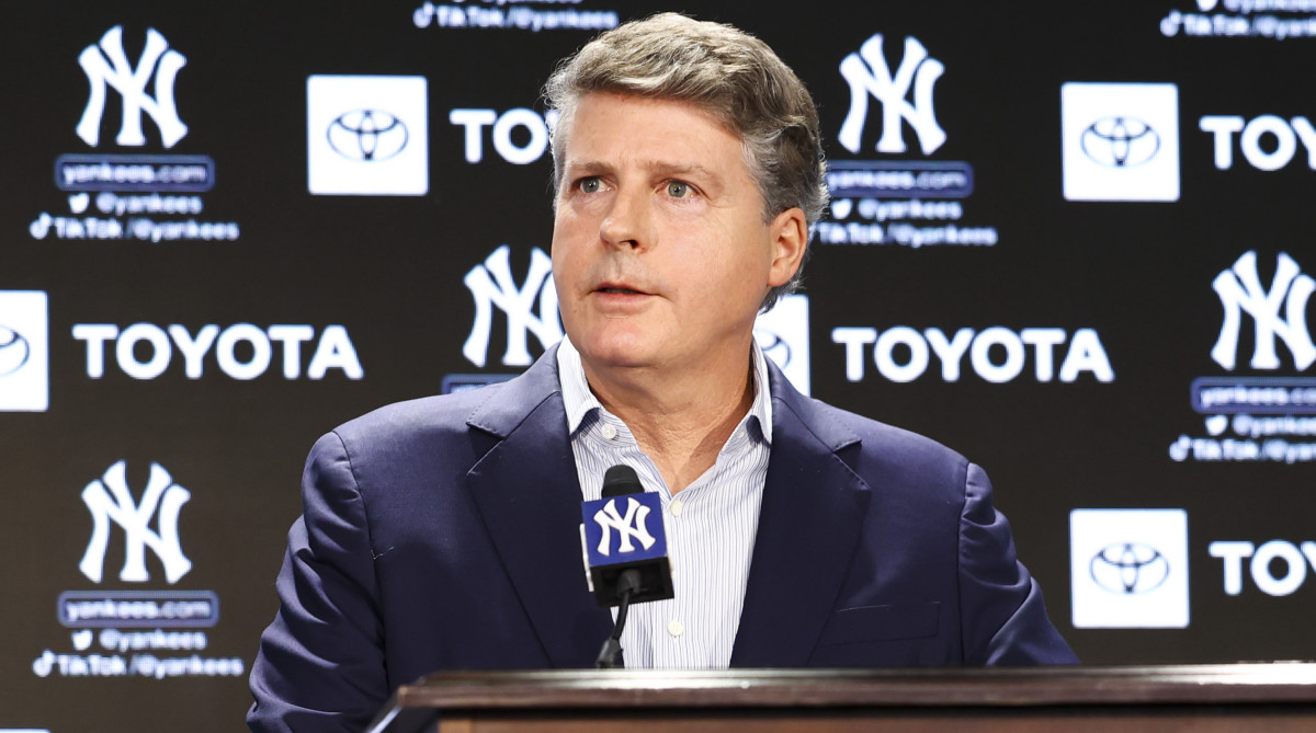 Yankees owner Hal Steinbrenner speaks during a press conference.