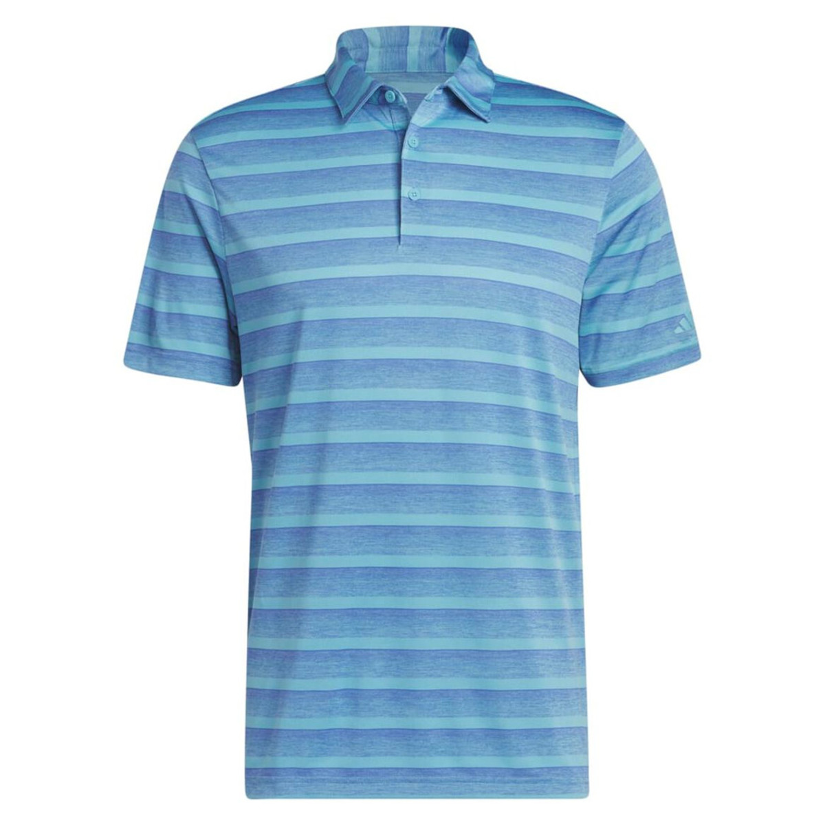 the adidas two color striped polo, seen here in blue, is on sale at pga tour superstore.