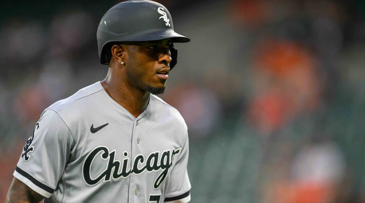White Sox shortstop Tim Anderson looks on while running the bases in a game.