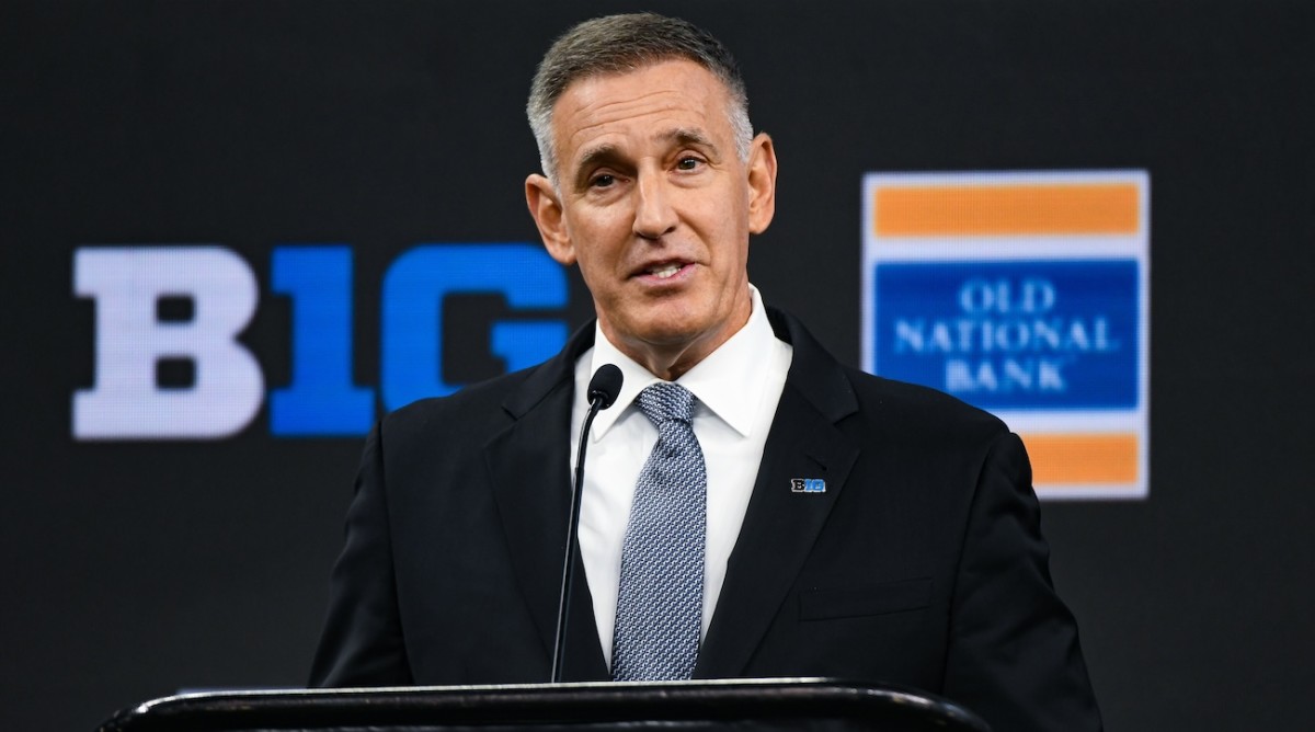 Big Ten commissioner Tony Petitti speaks to the media during Big 10 football media days at Lucas Oil Stadium in Indianapolis on July 26, 2023.