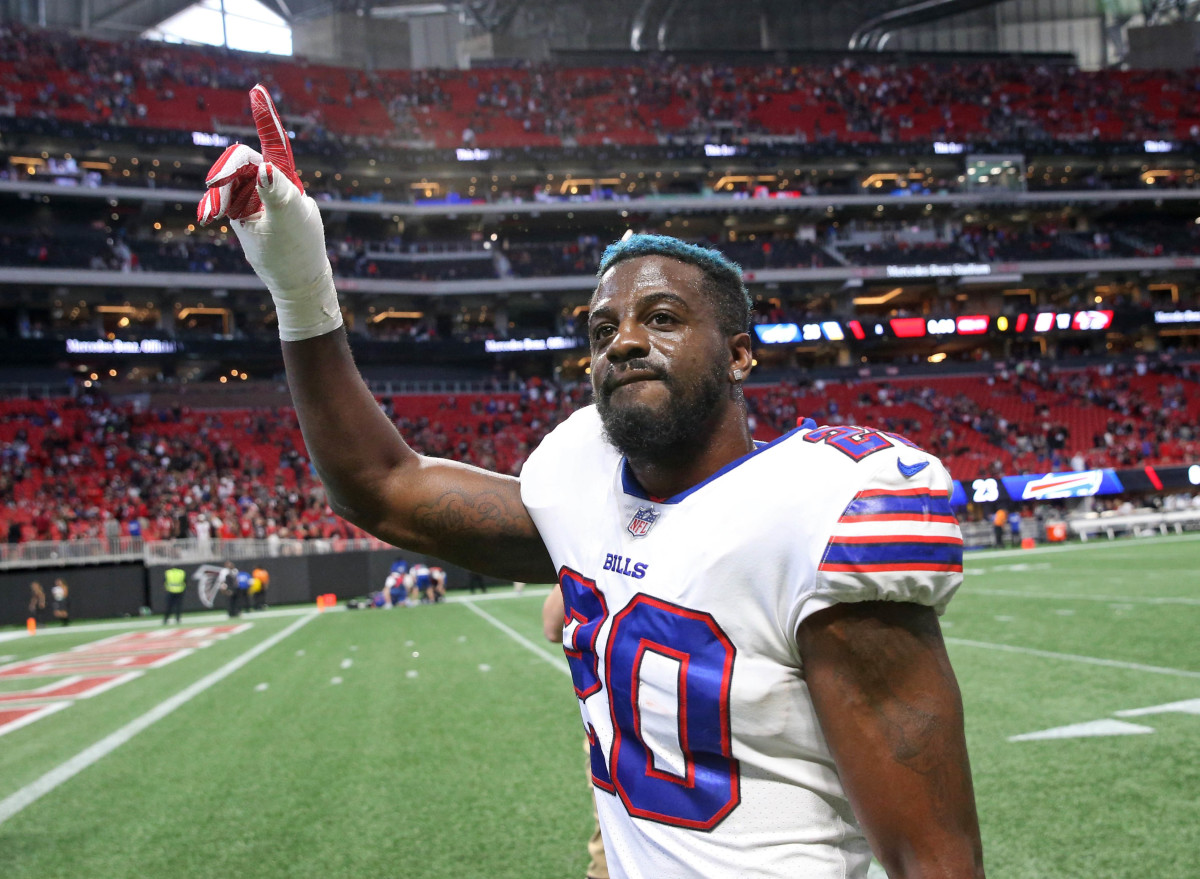 Buffalo Bills defensive back Shareece Wright (20) reacts after their win against the Atlanta Falcons at Mercedes-Benz Stadium.