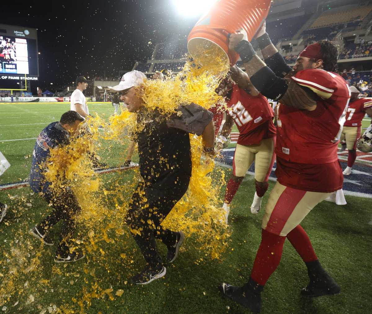 Birmingham Stallions head coach Skip Holtz gets Gatorade dumped on him by his players after beating the Pittsburgh Maulers for the USFL championship at Tom Benson Hall of Fame Stadium, Saturday, July 1, 2023.