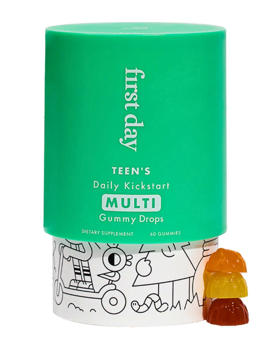 A bottle of First Day Teen's Daily Kickstart, a multivitamin for teens.