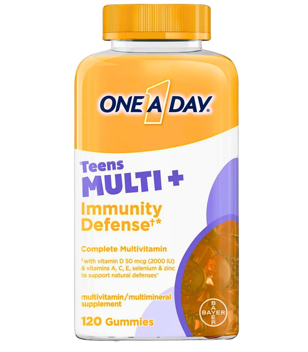 A bottle of One A Day Teens Multi+ Immunity Defense, a multivitamin for teens.