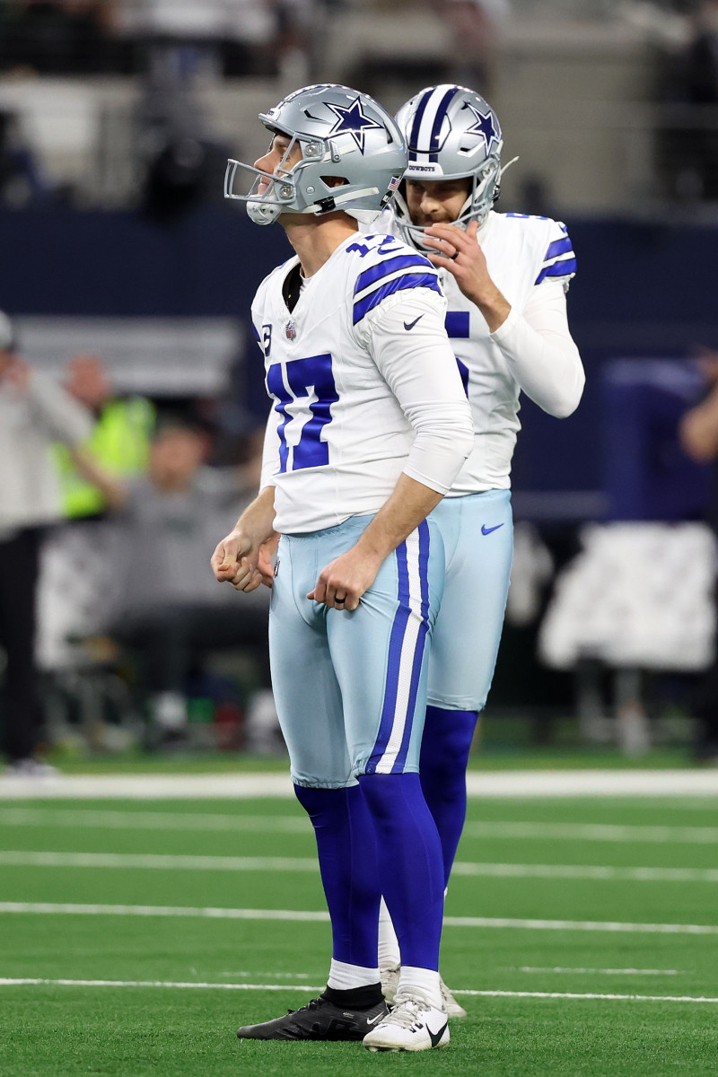 Jan 14, 2024; Arlington, Texas, USA; Dallas Cowboys place kicker Brandon Aubrey (17) reacts after kicking a PAT against the Green Bay Packers during the second half for the 2024 NFC wild card game at AT&T Stadium. Mandatory Credit: Kevin Jairaj-USA TODAY Sports