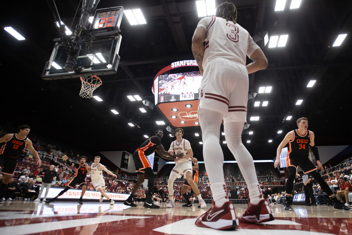 Feb 24, 2024; Stanford, California, USA; Stanford Cardinal guard Kanaan Carlyle (3) looks to inbound the ball against the Oregon State Beavers during the first half at Maples Pavilion. Mandatory Credit: D. Ross Cameron-USA TODAY Sports