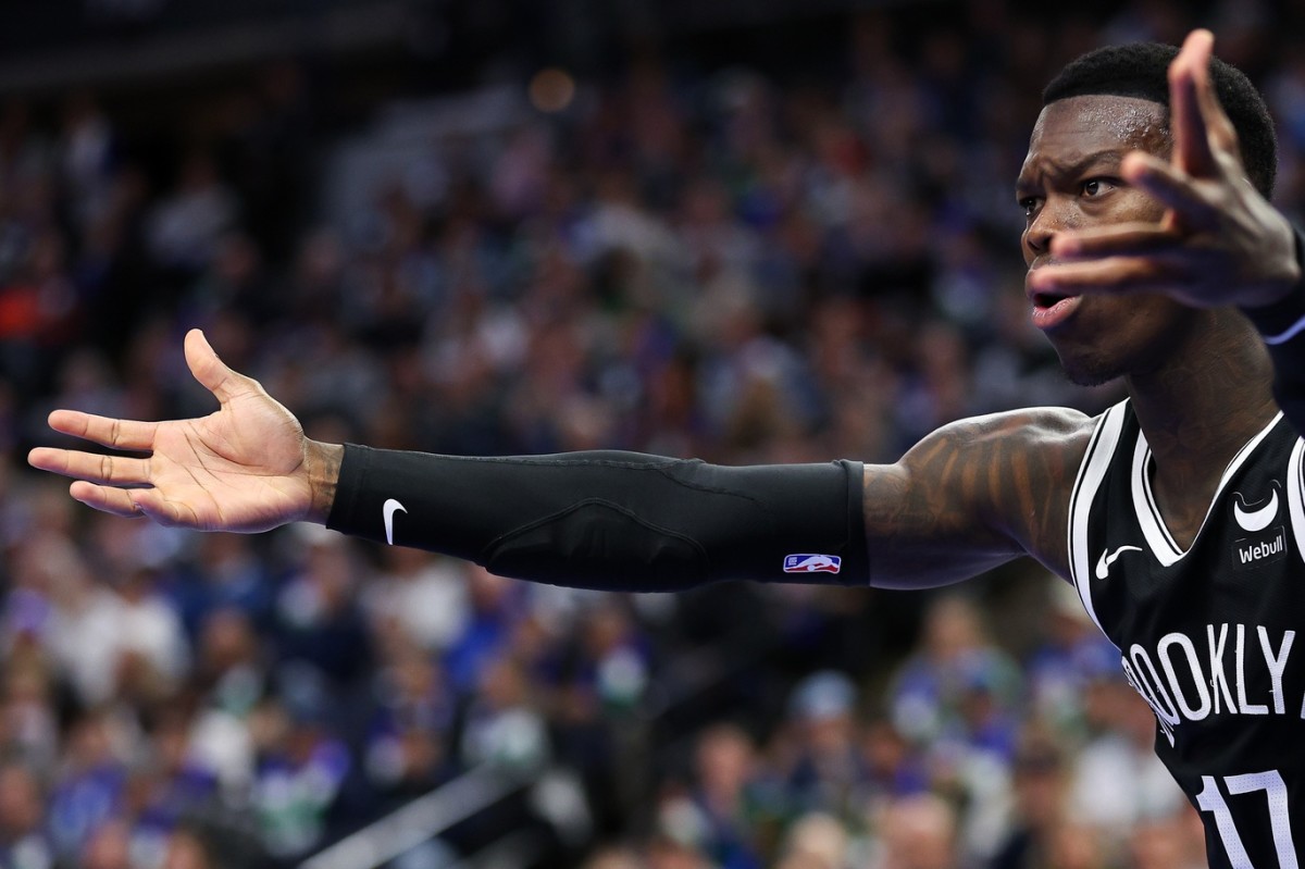 February 24, 2024; Brooklyn Nets guard Dennis Schroder (17) reacts after a shot against the Minnesota Timberwolves during the second half at Target Center