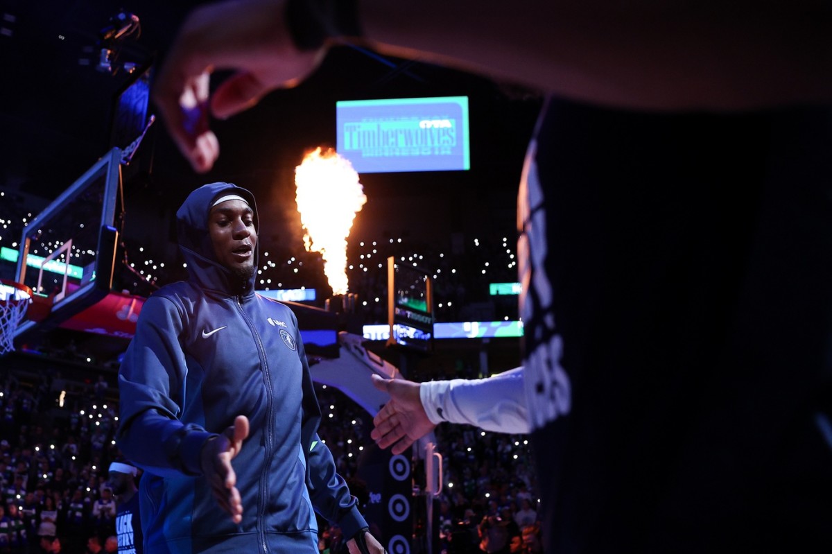 Feb 24, 2024; Minneapolis, Minnesota, USA; Minnesota Timberwolves forward Jaden McDaniels (3) is introduced before the game against the Brooklyn Nets at Target Center.