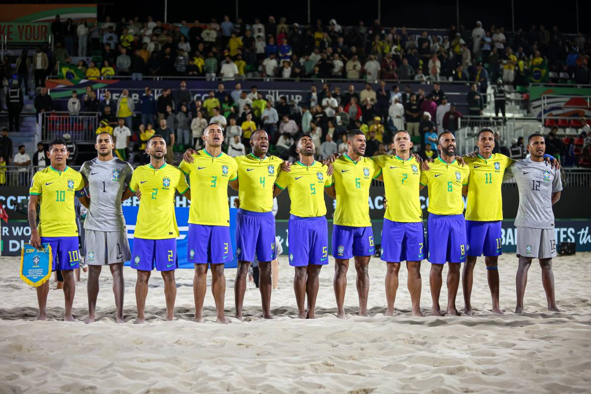 The Brazil team pictured at the 2024 FIFA Beach Soccer World Cup in the United Arab Emirates