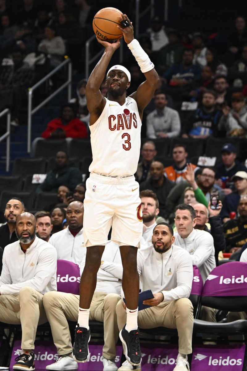 Feb 7, 2024; Washington, District of Columbia, USA; Cleveland Cavaliers guard Caris LeVert (3) shoots a three point shot /away from/ during the first half at Capital One Arena.