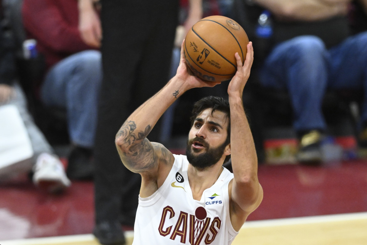 Feb 26, 2023; Cleveland, Ohio, USA; Cleveland Cavaliers guard Ricky Rubio (13) shoots in the third quarter against the Toronto Raptors at Rocket Mortgage FieldHouse.