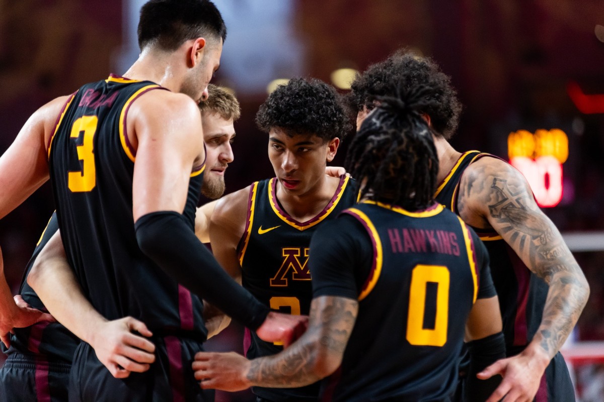 The Gophers huddle up during their game against Nebraska on Sunday, Feb. 25, 2024.